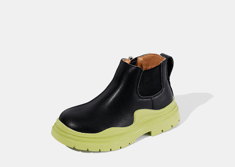 Kids leather Chelsea boots, black with green tread sole and side elastic