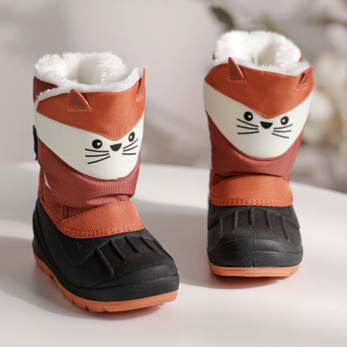Kids winter snow boots in orange and white with cat face and plush white lining