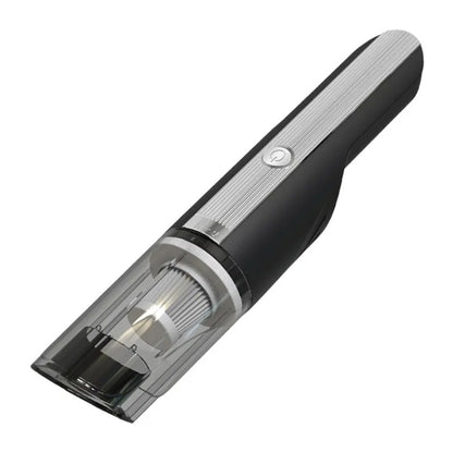 Close-up of silver and black mini handheld vacuum cleaner with clear dust chamber