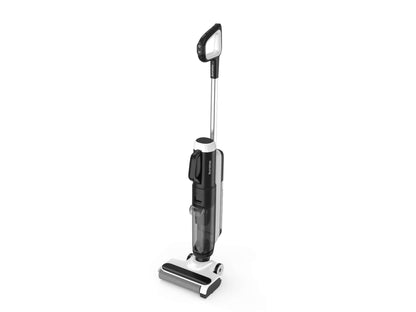 Upright wet dry vacuum mop in black and white with narrow floor nozzle