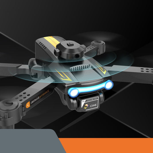 Drone with glowing blue light bar, propellers folded, close-up on central body