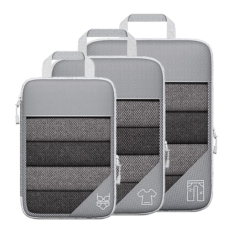 Luggage organizer set with compression bags and shoe bag, light gray mesh with dark inserts