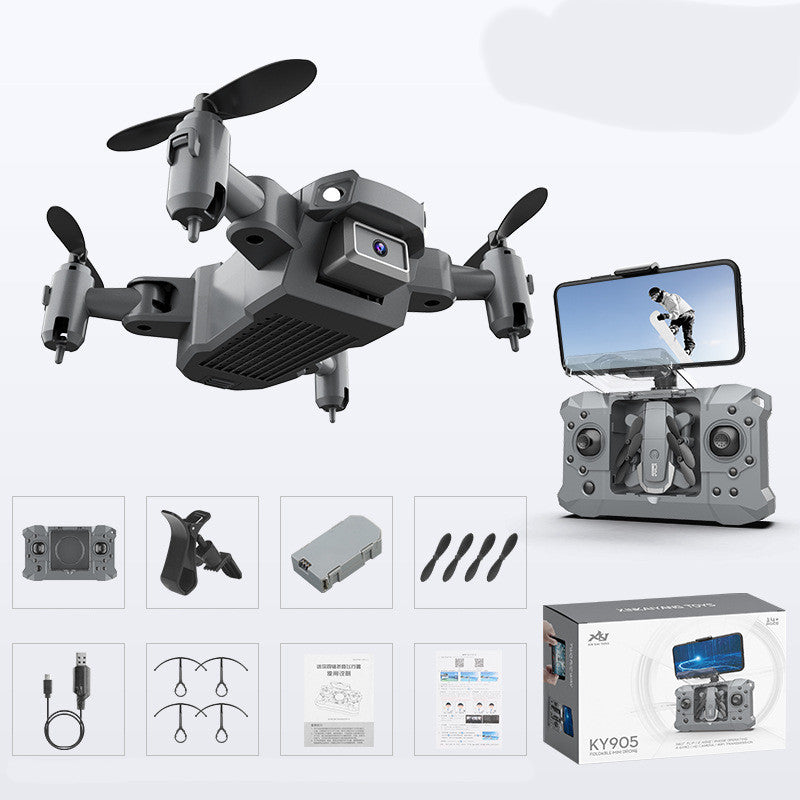 Gray mini drone with four propellers and phone-screen remote controller