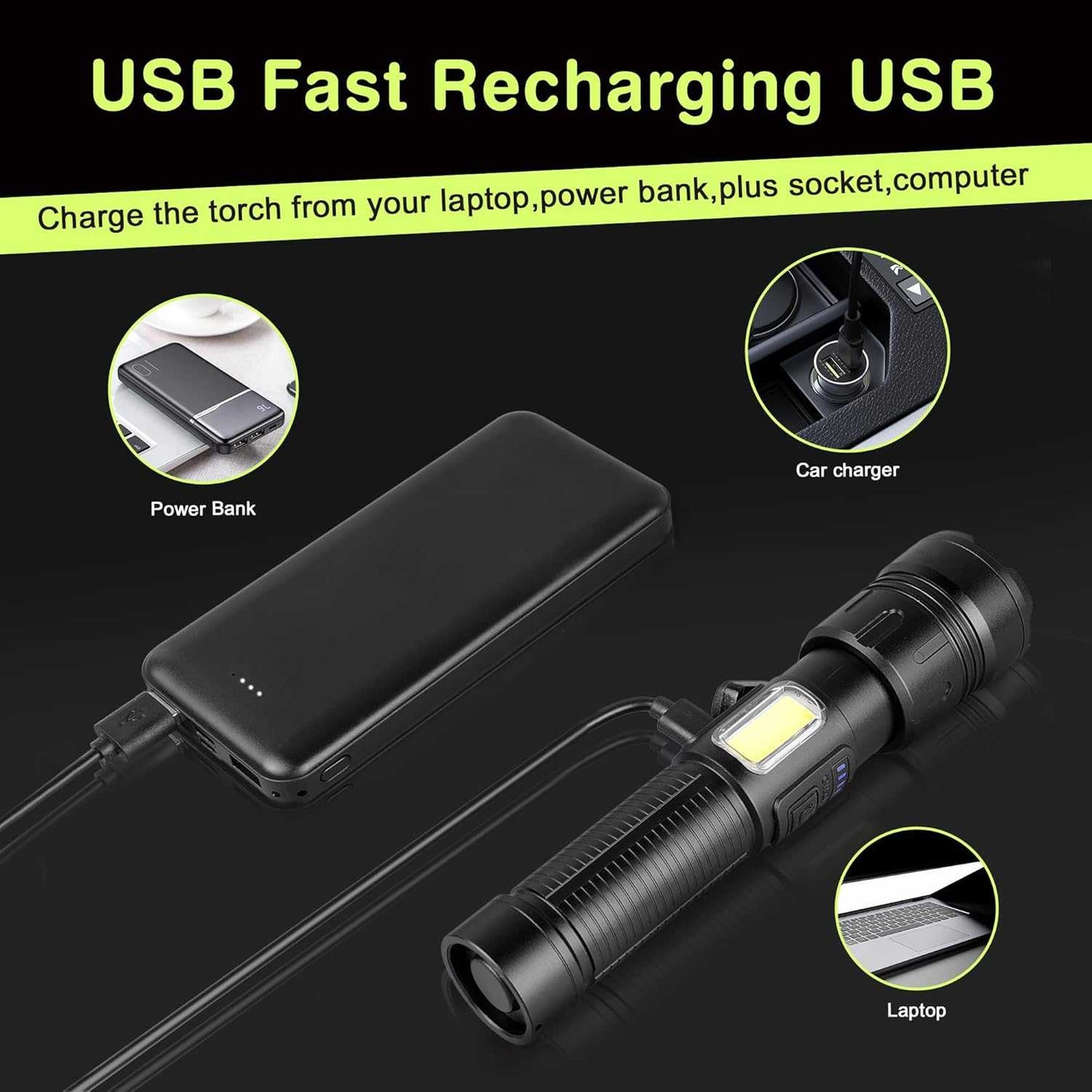 Black tactical LED rechargeable flashlight with USB charging cable