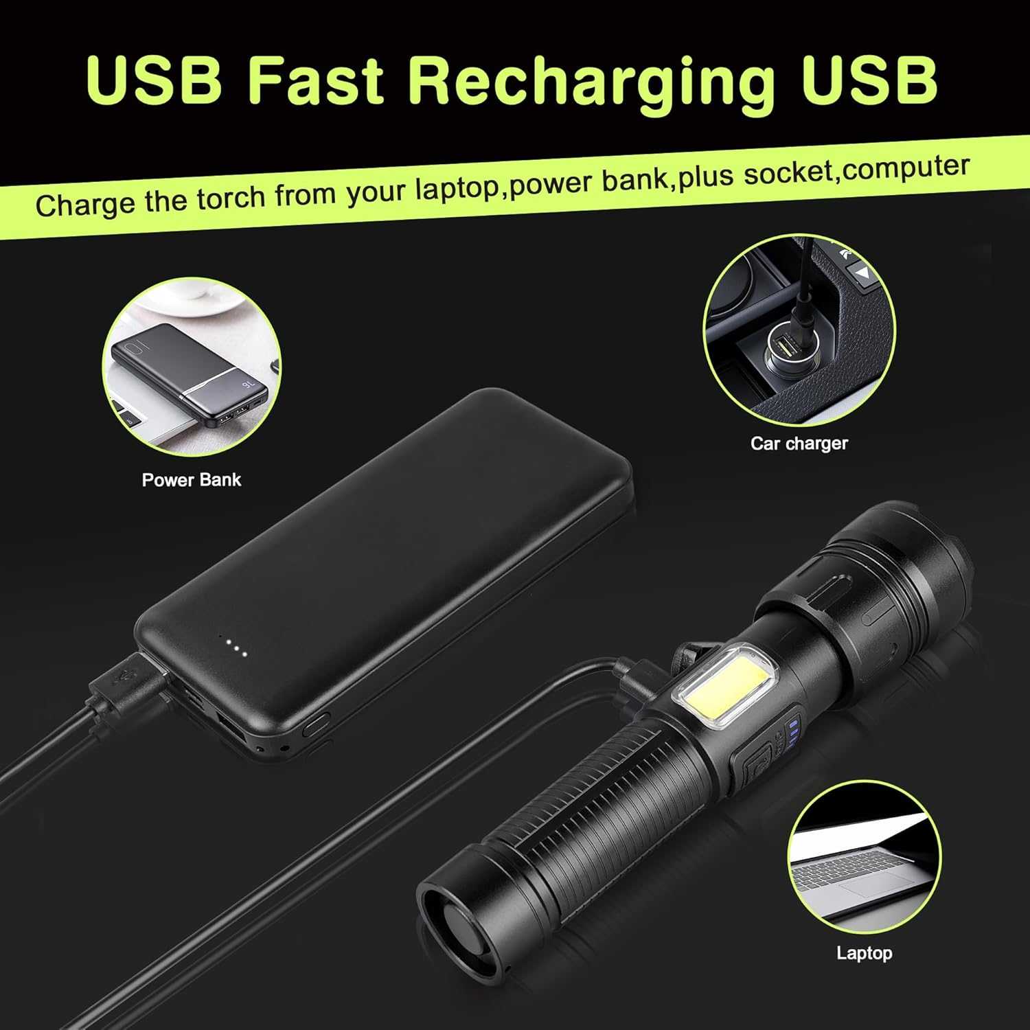 Black tactical LED rechargeable flashlight with USB charging cable