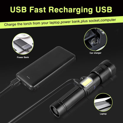 Rechargeable tactical flashlight with USB charging cable and power adapters