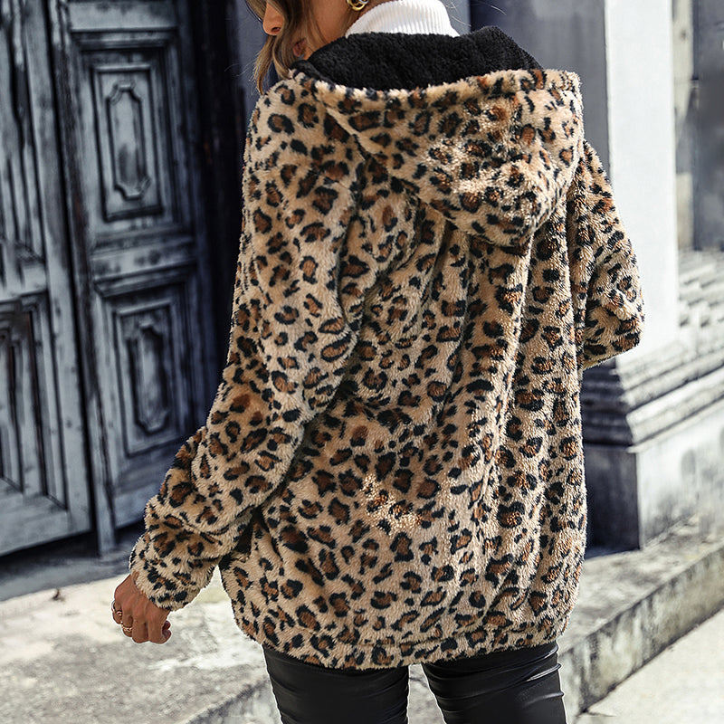 Women's Fuzzy Leopard Jacket | Hooded Plush Zip-Up Winter Coat