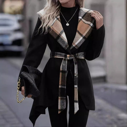 Women's Lace-up Plaid Wool Trench Coat | Mid-Length Color-Match Coat Lace-up Plaid Color Matching Wool Mid-le | Ectron Online