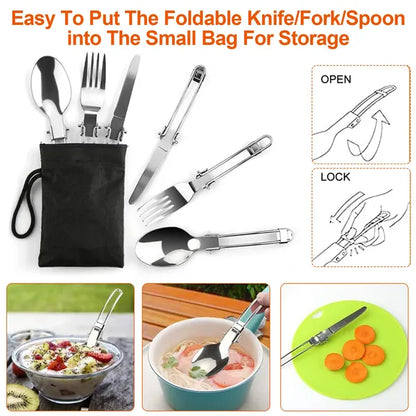 Foldable knife, fork, and spoon set in black storage pouch