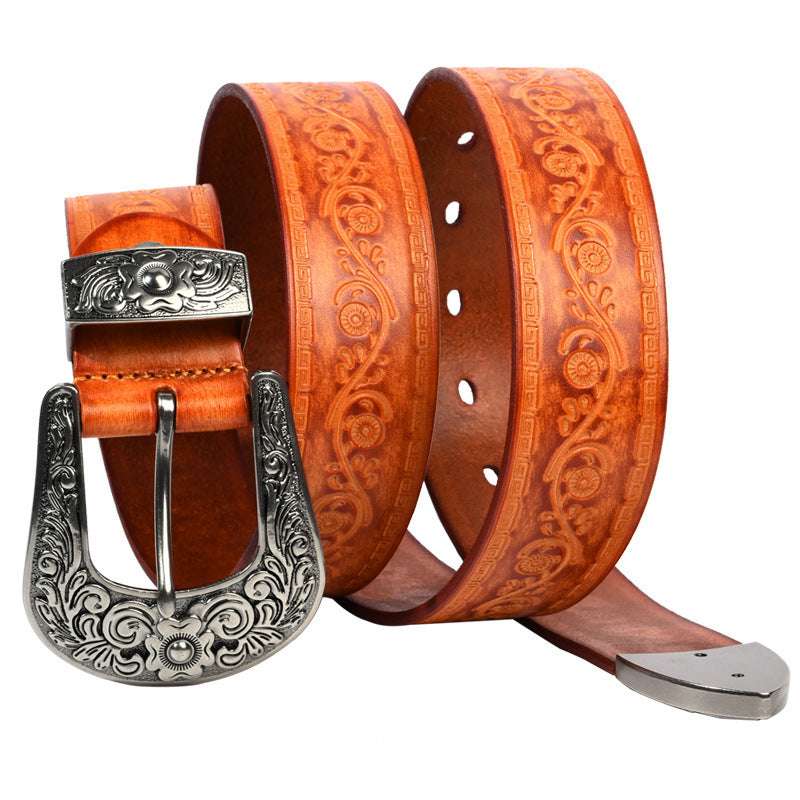 Men's Embossed Mongolian Style Leather Belt Embossed First Layer Cowhide Men's Mongo | Ectron Online