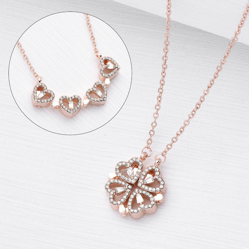 Romantic Surprise - Folding Heart Necklace Retro Magnetic Folding Heart Shaped Four Leaf Clover Pendant Necklace Women Love Clavicle Chain Gifts Openable Choker Jewelry | Ectron Online