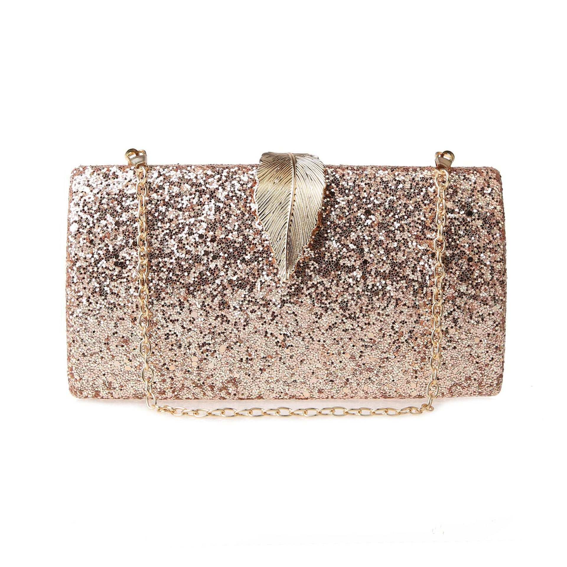 Rose-gold sequin square clutch with gold chain and feather clasp, side.