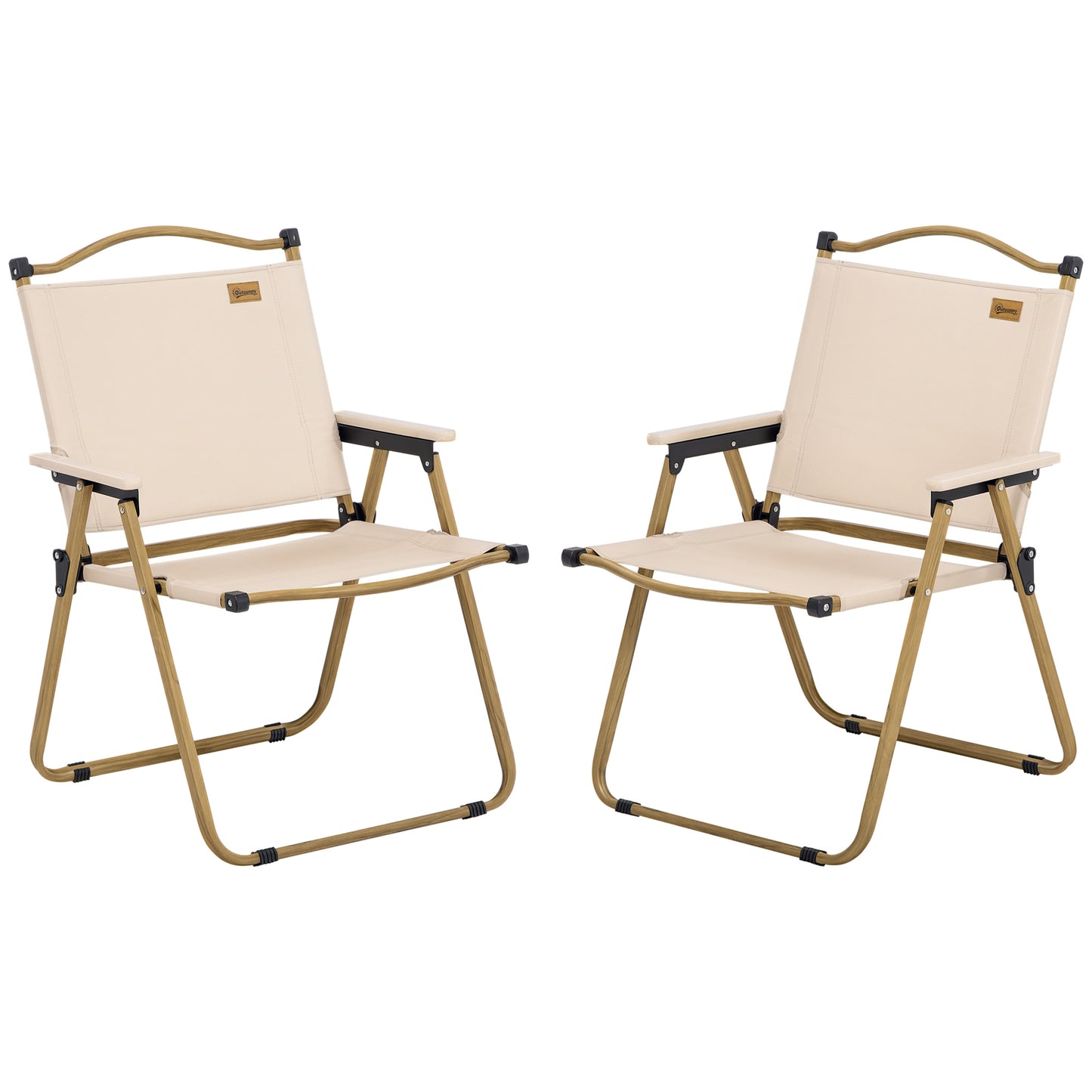 Pair of khaki folding camping chairs with padded seats and rounded armrests