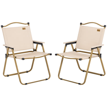 Pair of khaki folding camping chairs with padded seats and rounded armrests