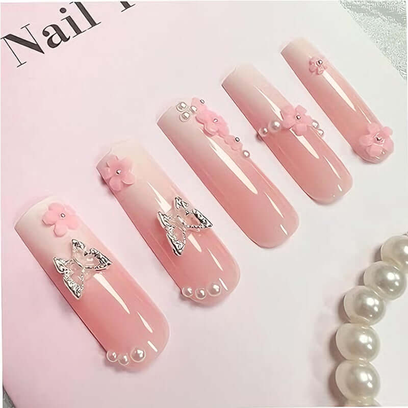 24pcs Flower & Diamond Butterfly Press-On Nails 24 PCS Flower Diamond Butterfly Nail Art | Ectron Online