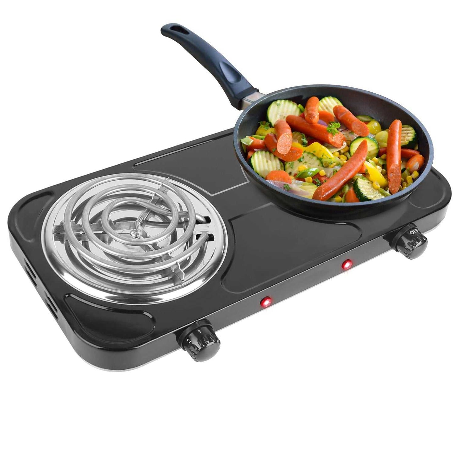 Portable electric double hot plate in black with two burners and a vegetable skillet