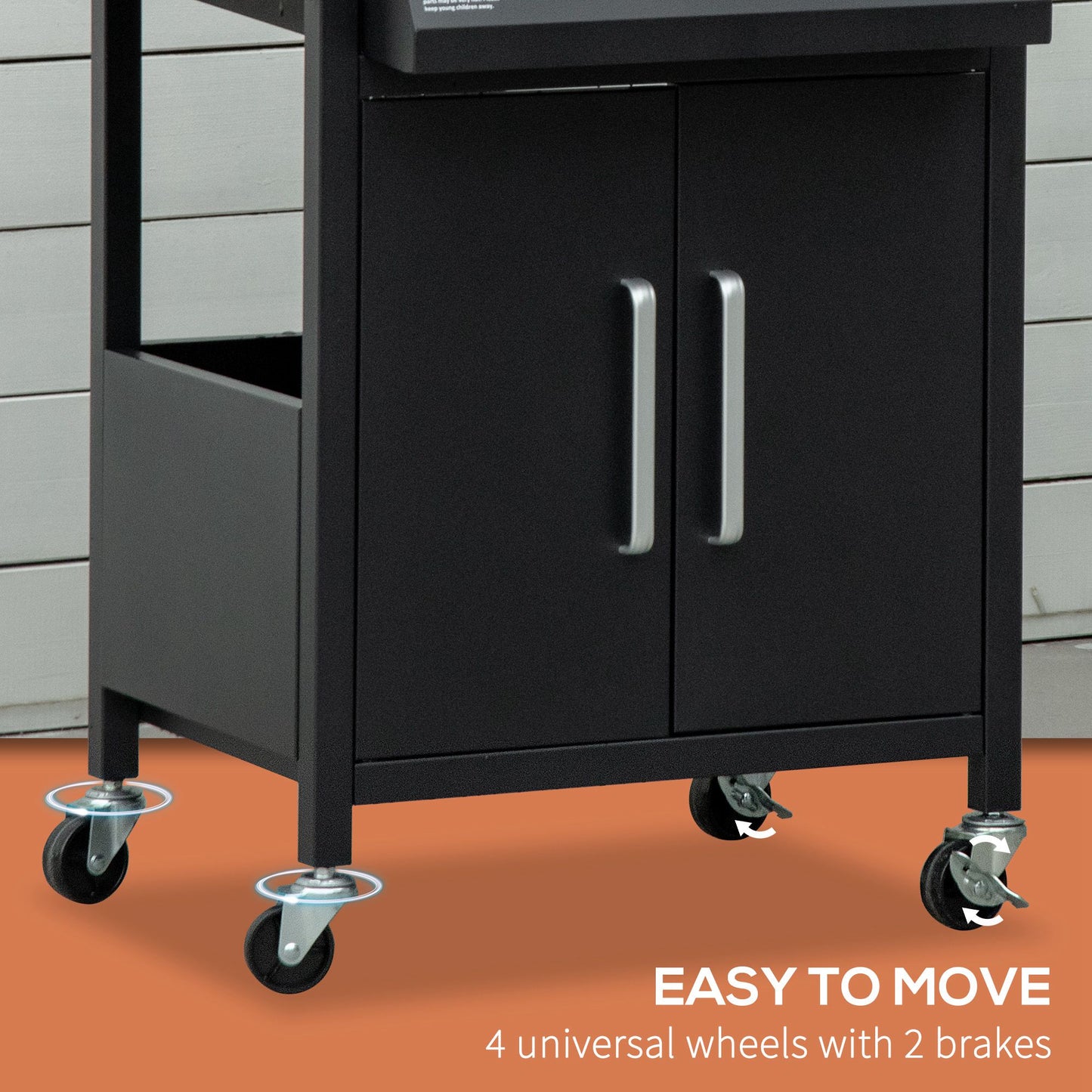 Black grill cabinet with two doors and four caster wheels