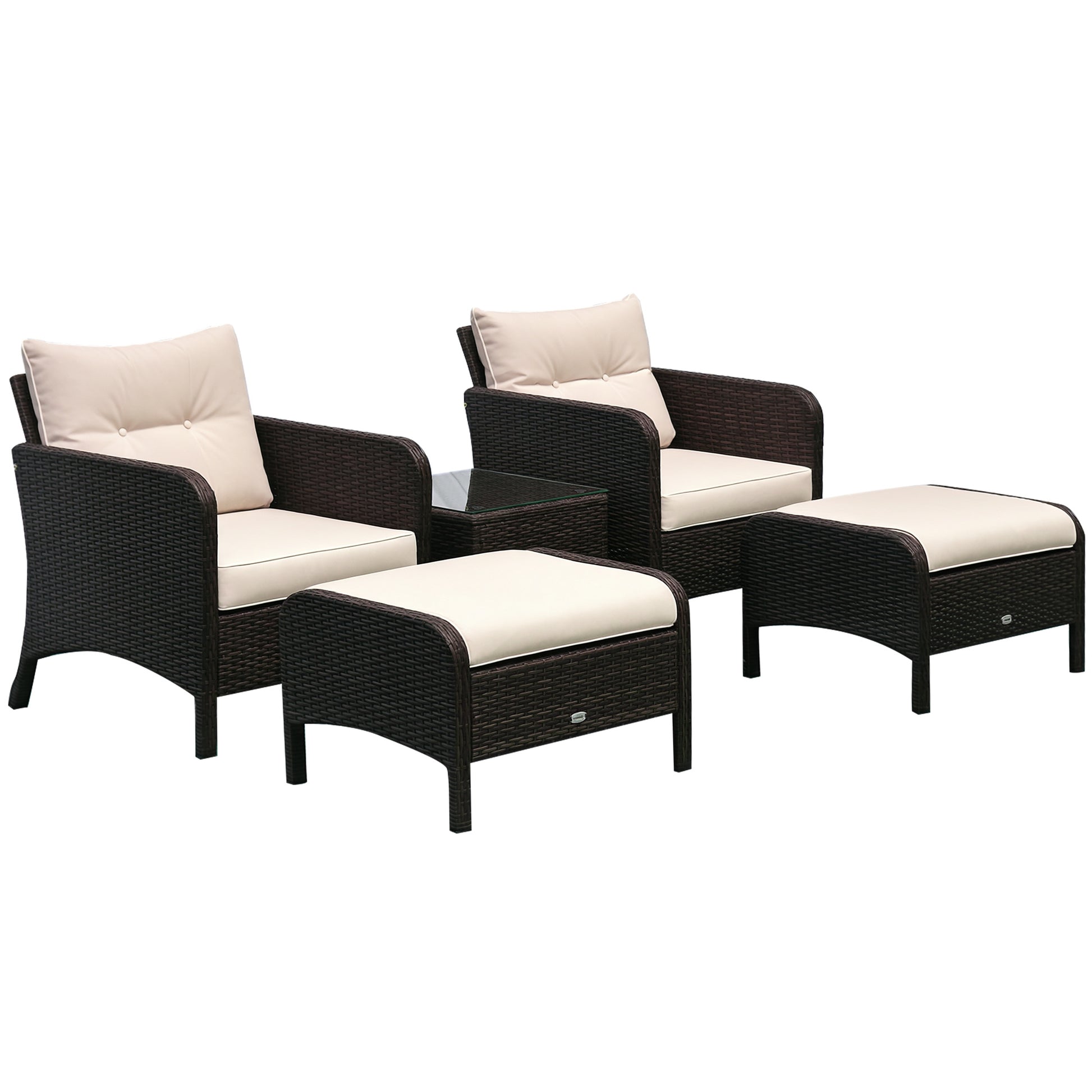 Wicker lounge set with beige cushions: two chairs and two ottomans, dark frames