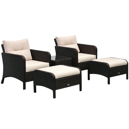 Wicker lounge set with beige cushions: two chairs and two ottomans, dark frames