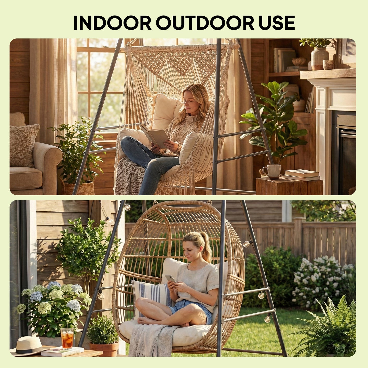 Gray hammock chair stand set up for indoor and outdoor hanging swing seating