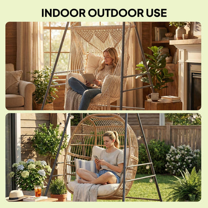 Gray hammock chair stand set up for indoor and outdoor hanging swing seating