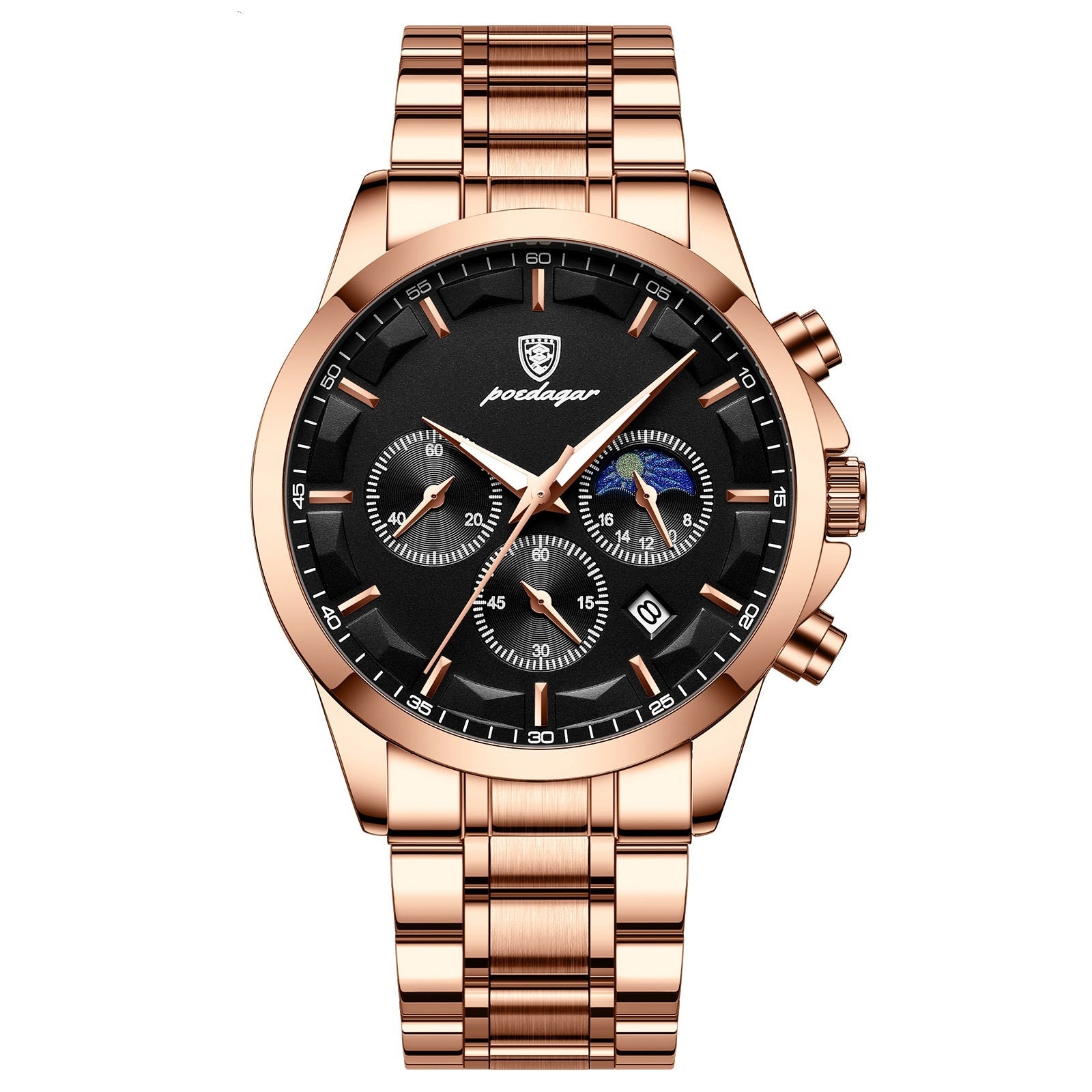 Men's sports watch with black dial, rose-gold case, subdials, metal link bracelet