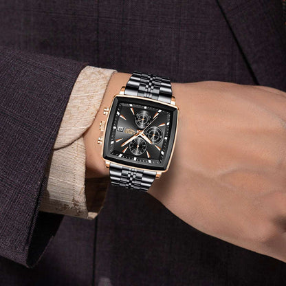 Square dial wristwatch with black face, rose-gold bezel, and metal bracelet on wrist