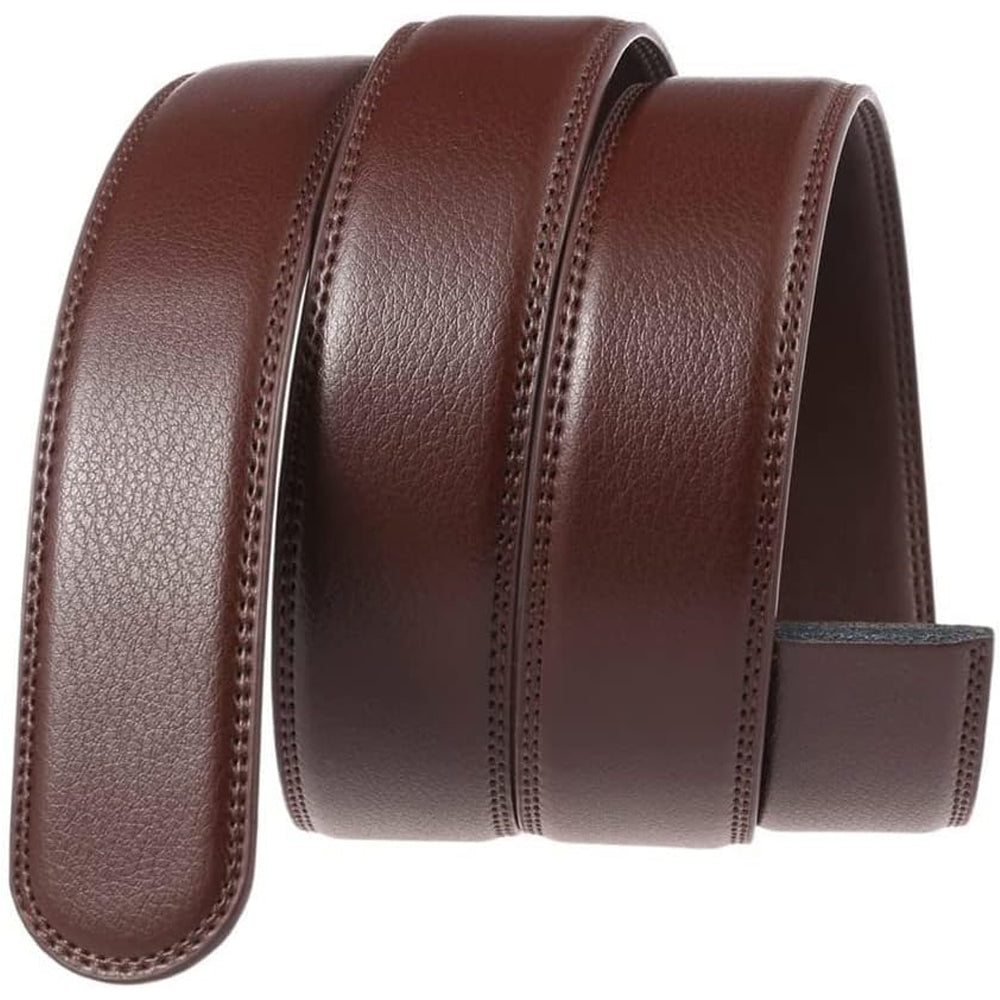 Brown leather belt, close-up of front loop and double-stitched edge