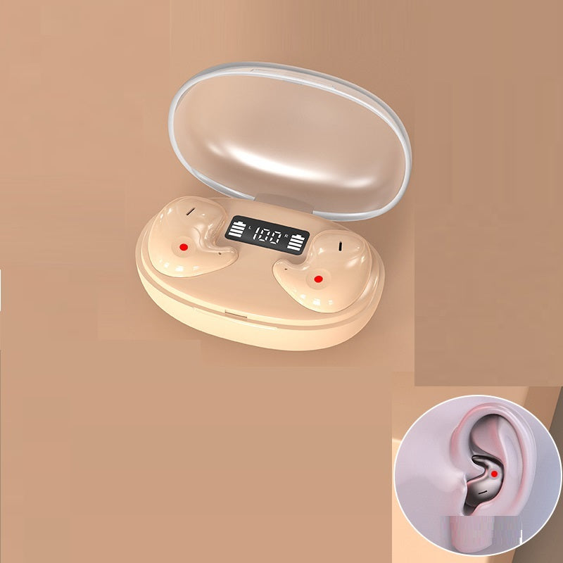 Cream-white wireless earbuds charging case with open lid and in-ear earbuds