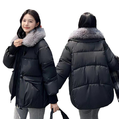 Black puffer jacket with fur collar worn by a person, shown from front and back on a white background.