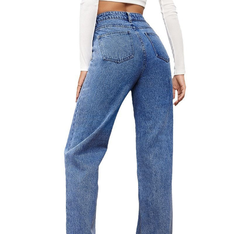 Women's Mid-Waist Washed Straight Jeans Washed Fashion Straight Jeans Women's Mi | Ectron Online