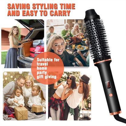 Black thermal brush curling iron with rose-gold bristle barrel and red temperature screen