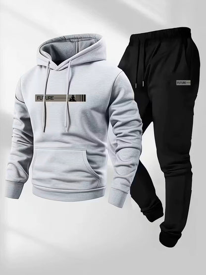 Men's loose-fit hoodie and pants set, light gray hoodie with kangaroo pocket and drawstring hood, black pants