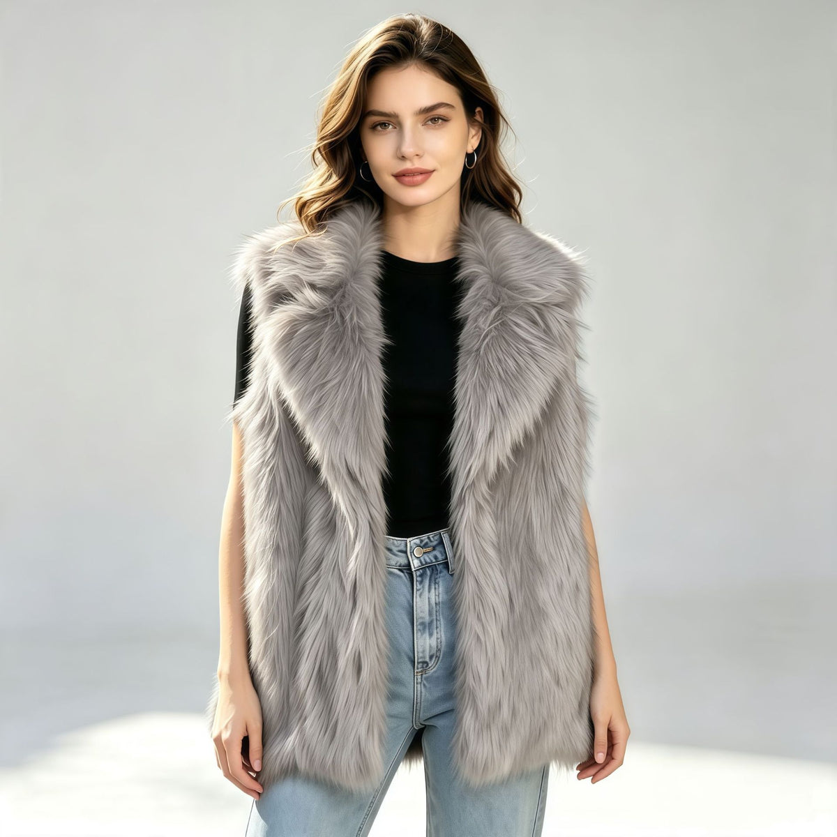 Silver-gray faux fur waistcoat vest with oversized suit-collar, sleeveless