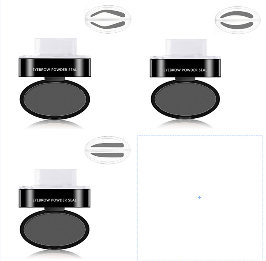 Eyebrow powder seal compact with dark gray powder and eyebrow stamp inserts