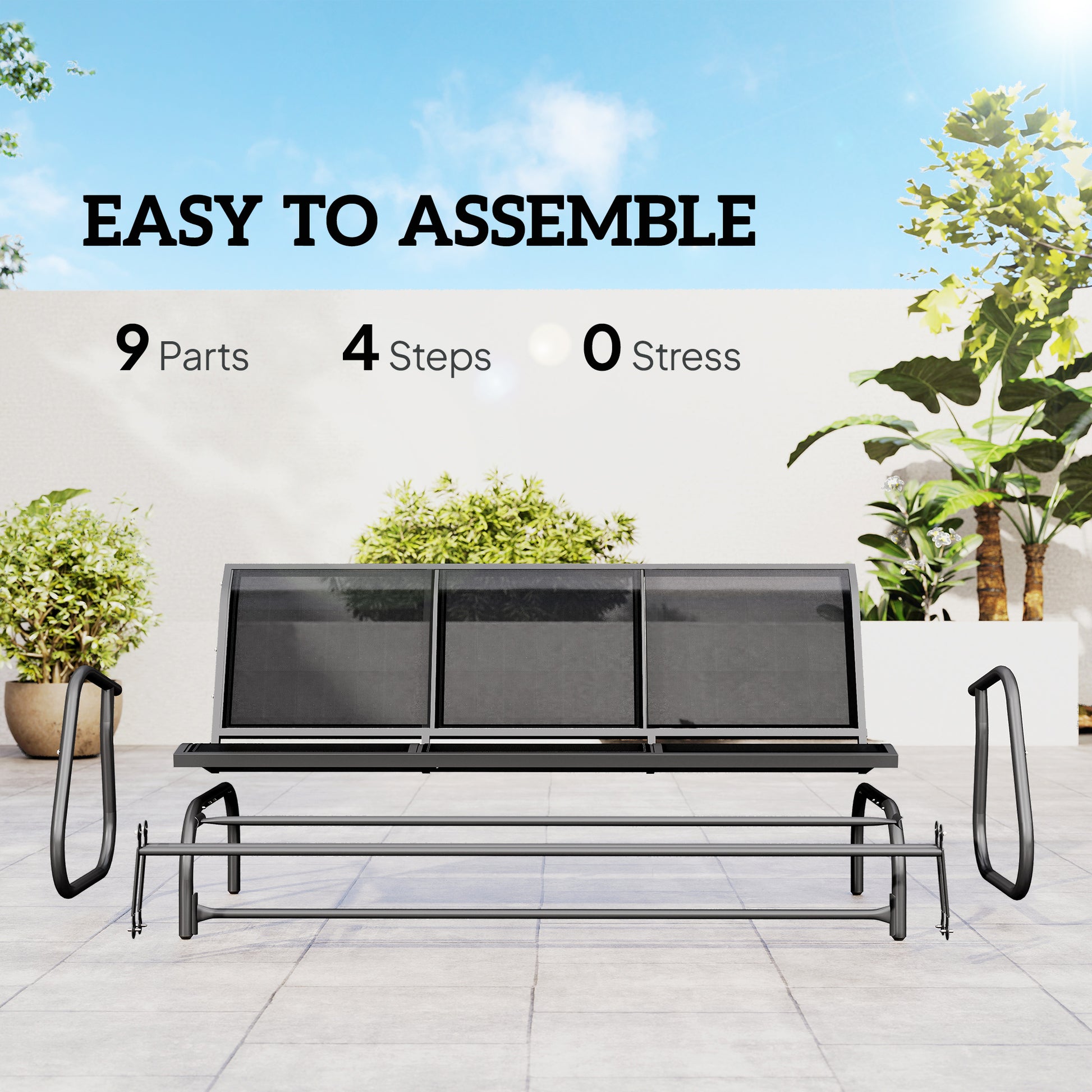 Black patio glider bench with three-section mesh back and tubular armrests.