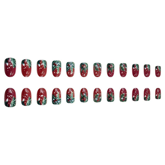 Christmas Flashing Red Short Oval Christmas Tree Fruit Pattern Design Wearable Nails