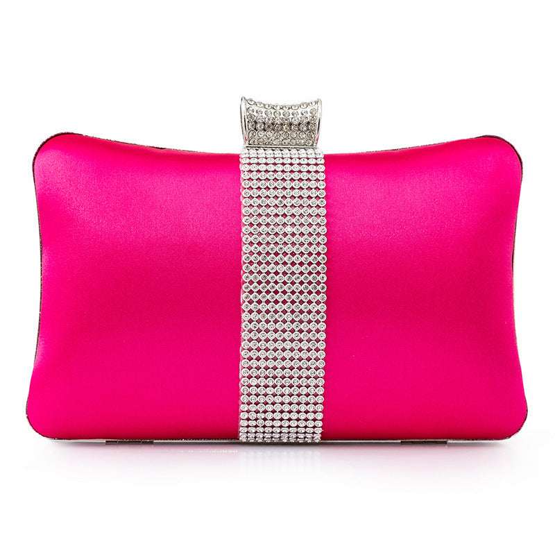 Pink satin banquet clutch with rhinestone strap and top clasp
