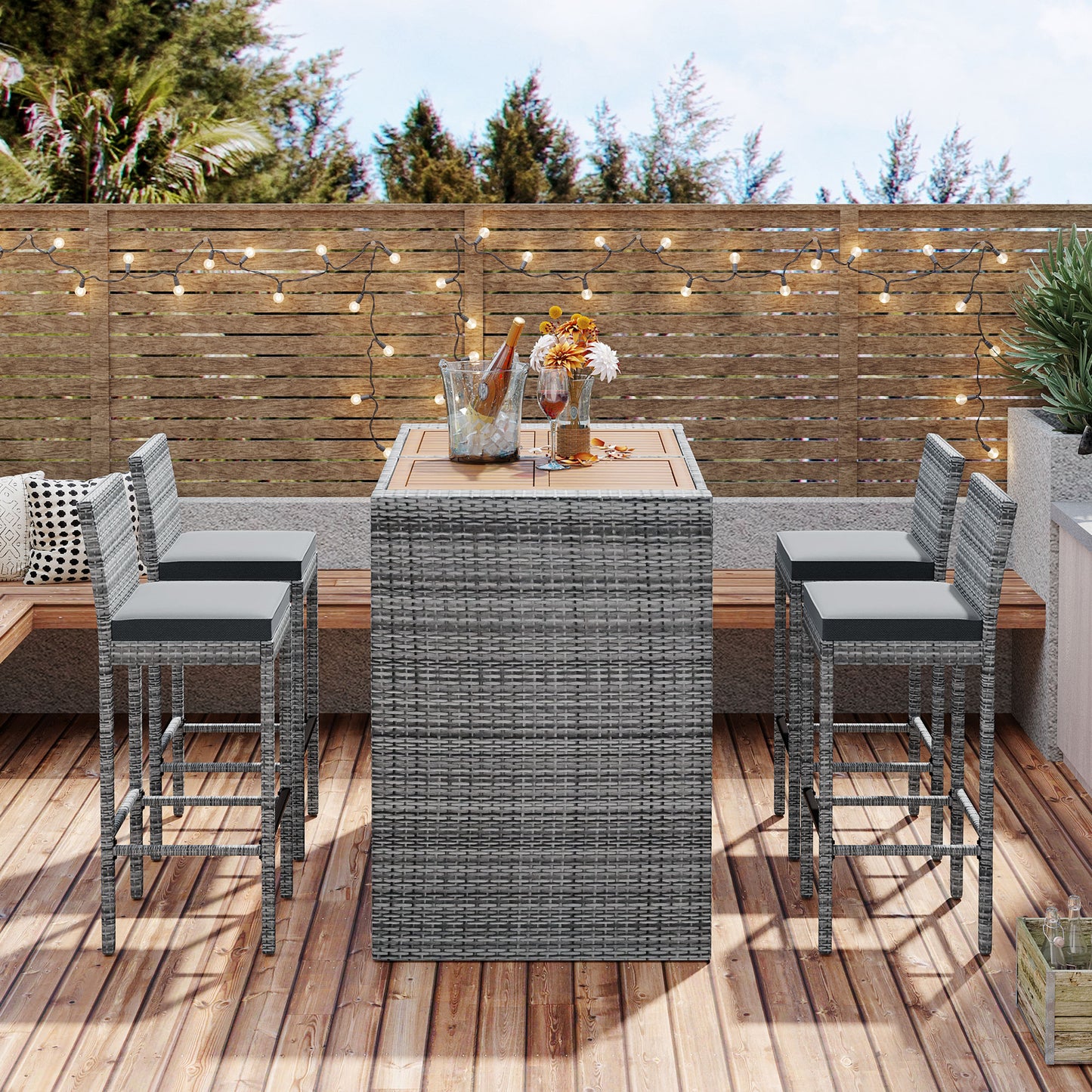 5-Piece Outdoor Patio Wicker Bar Set - Acacia Wood Top & Gray Wicker