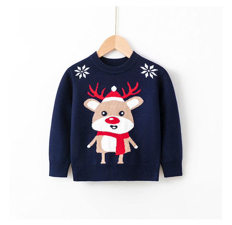 Children's Christmas sweater, navy knit with reindeer character and red scarf