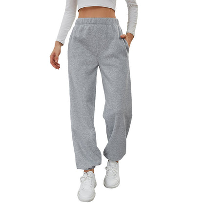 Gray fleece-lined straight casual pants with drawstring waist and tapered cuff hem