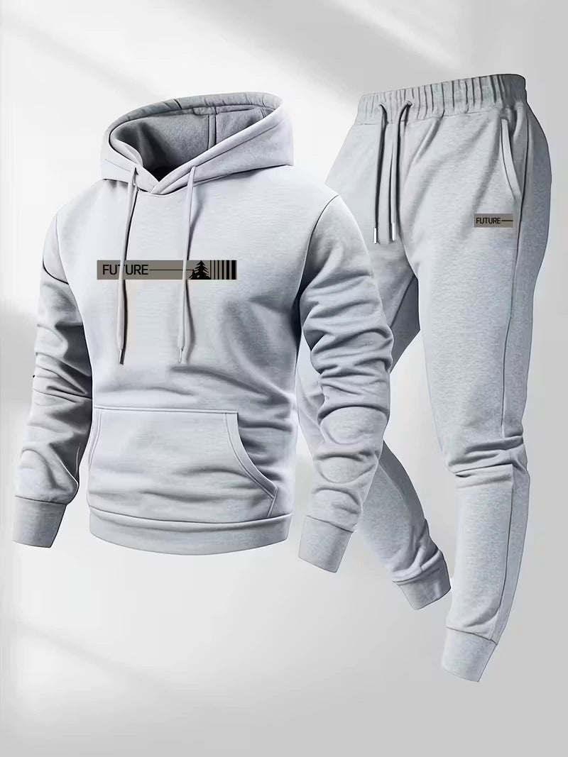 Men's loose-fit hoodie and pants set, light gray hoodie with hood drawstrings and kangaroo pocket