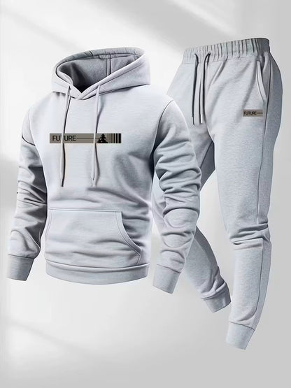 Men's loose-fit hoodie and pants set, light gray hoodie with hood drawstrings and kangaroo pocket