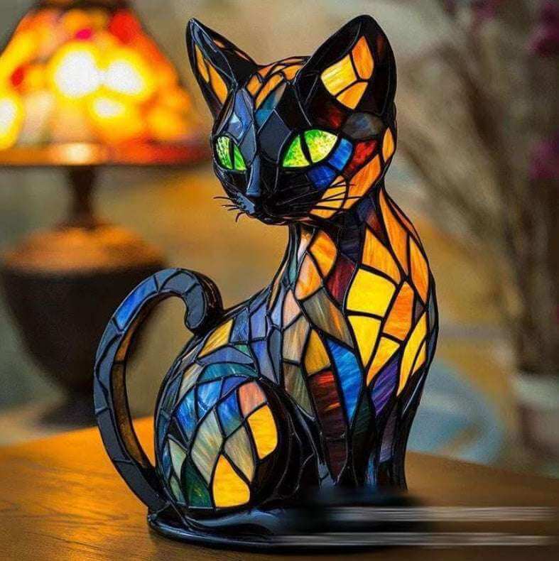 Colorful cat lamp with sitting mosaic cat, multicolor stained-glass pattern