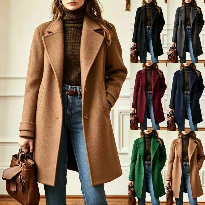Tan mid-length lapel coat with single-breasted button front and side pockets