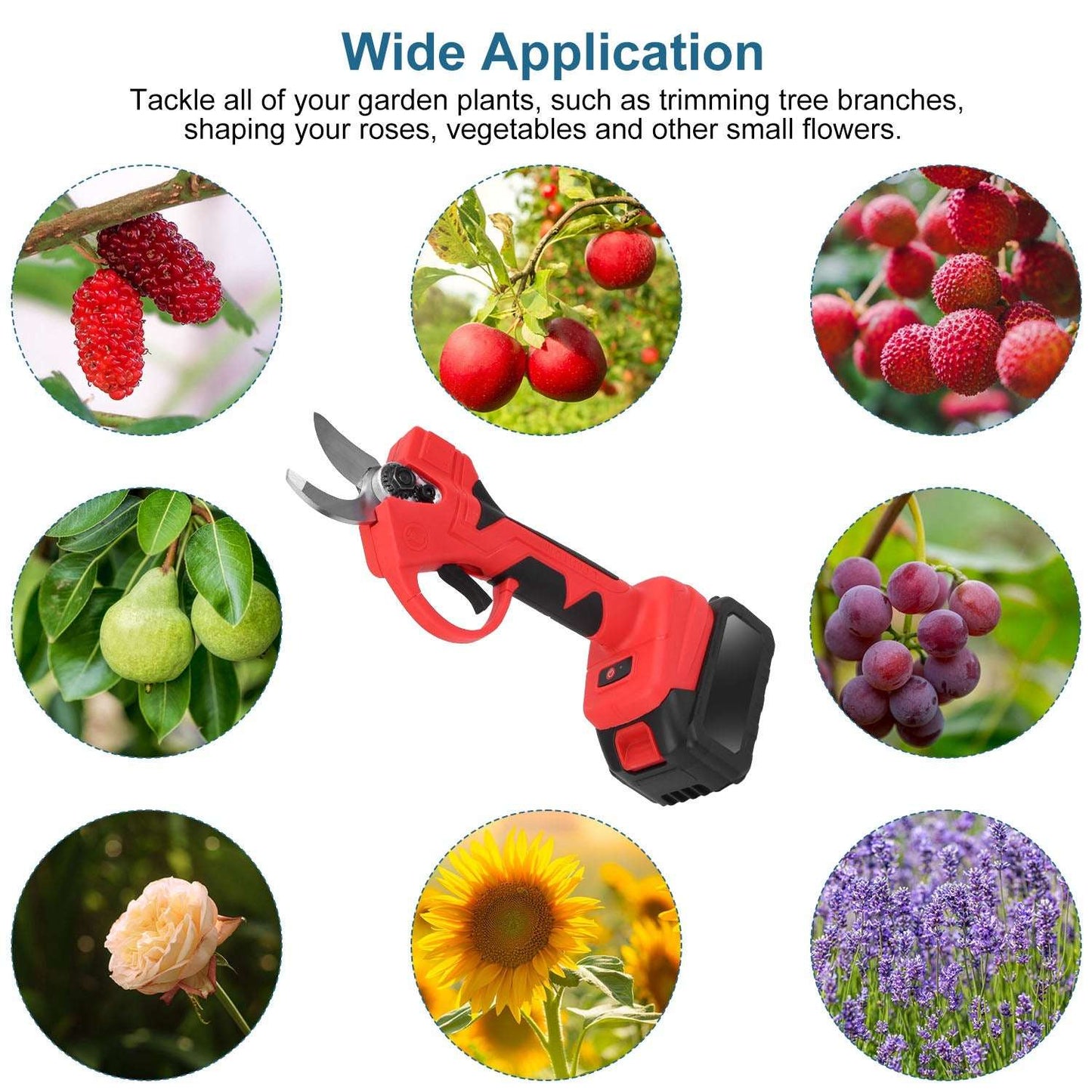 Red cordless electric pruning shears shown with assorted garden cutting uses