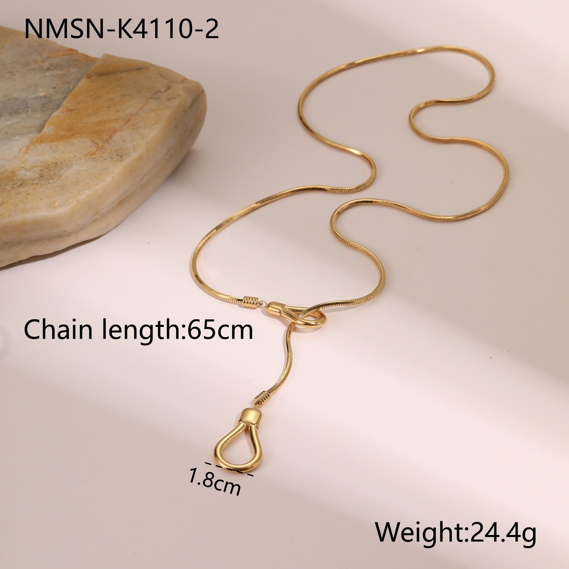 Gold-tone sweater chain necklace, 65cm length, U-shaped hook drop, weight 24.4g