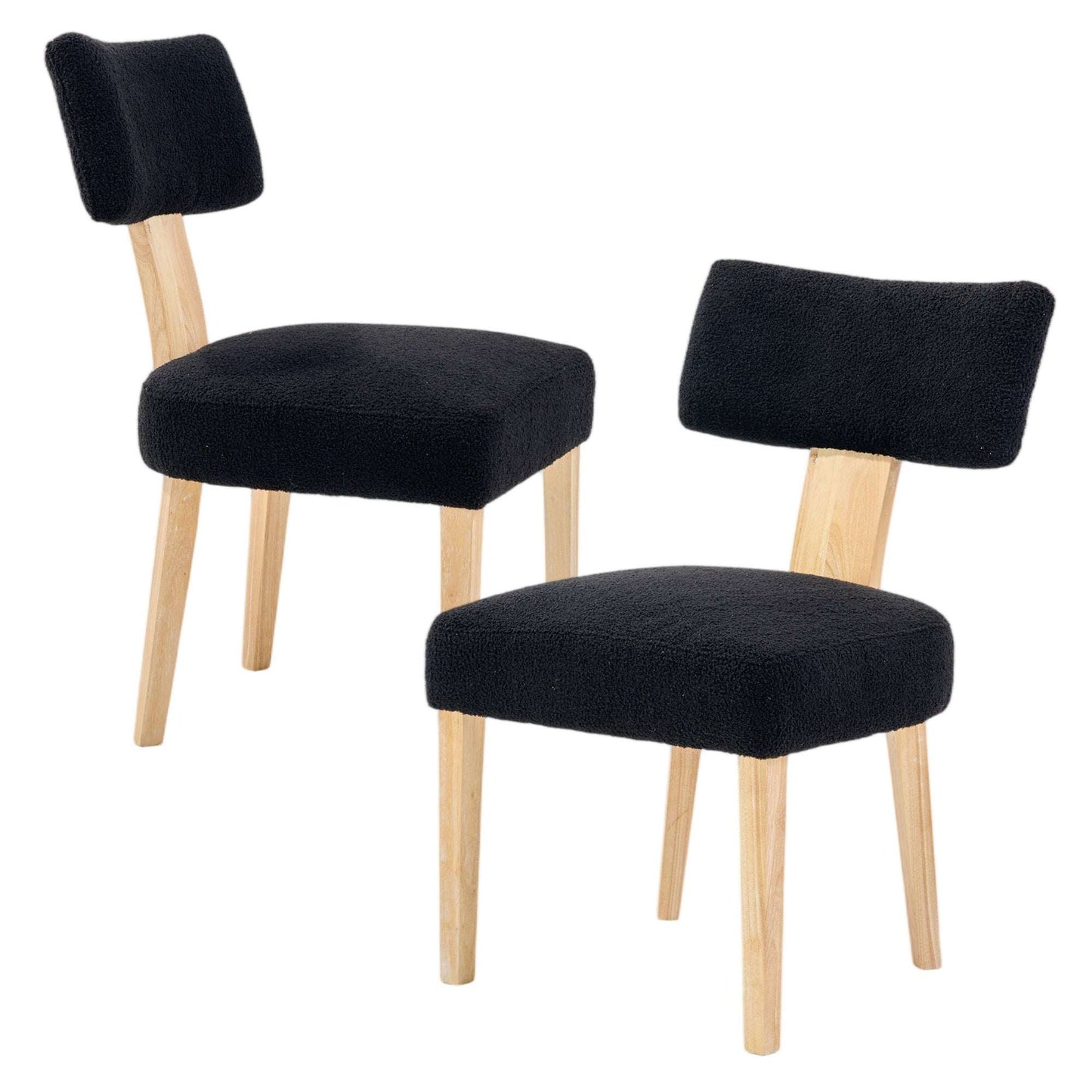 Two black upholstered dining chairs with tall backs and light wood legs