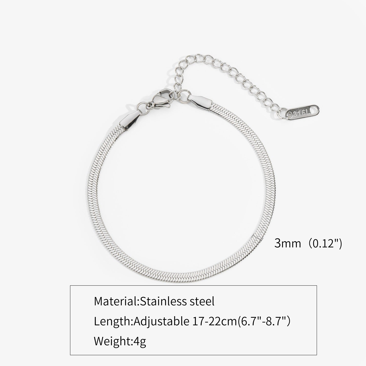 Silver-tone flat snake chain bracelet, 3mm width; adjustable 17-22cm