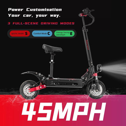 Black electric scooter with red accents, dual wheels and front headlight